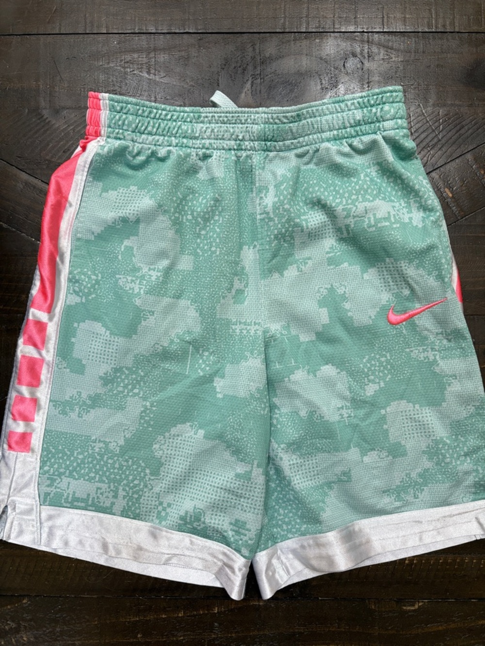 Nike Kids Mint Green Camo Shorts with Pink Trim